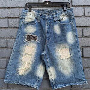 VINTAGE Ankor East Mens Size 32 Patchwork  Denim Jean Shorts Bermuda Ripped Blue